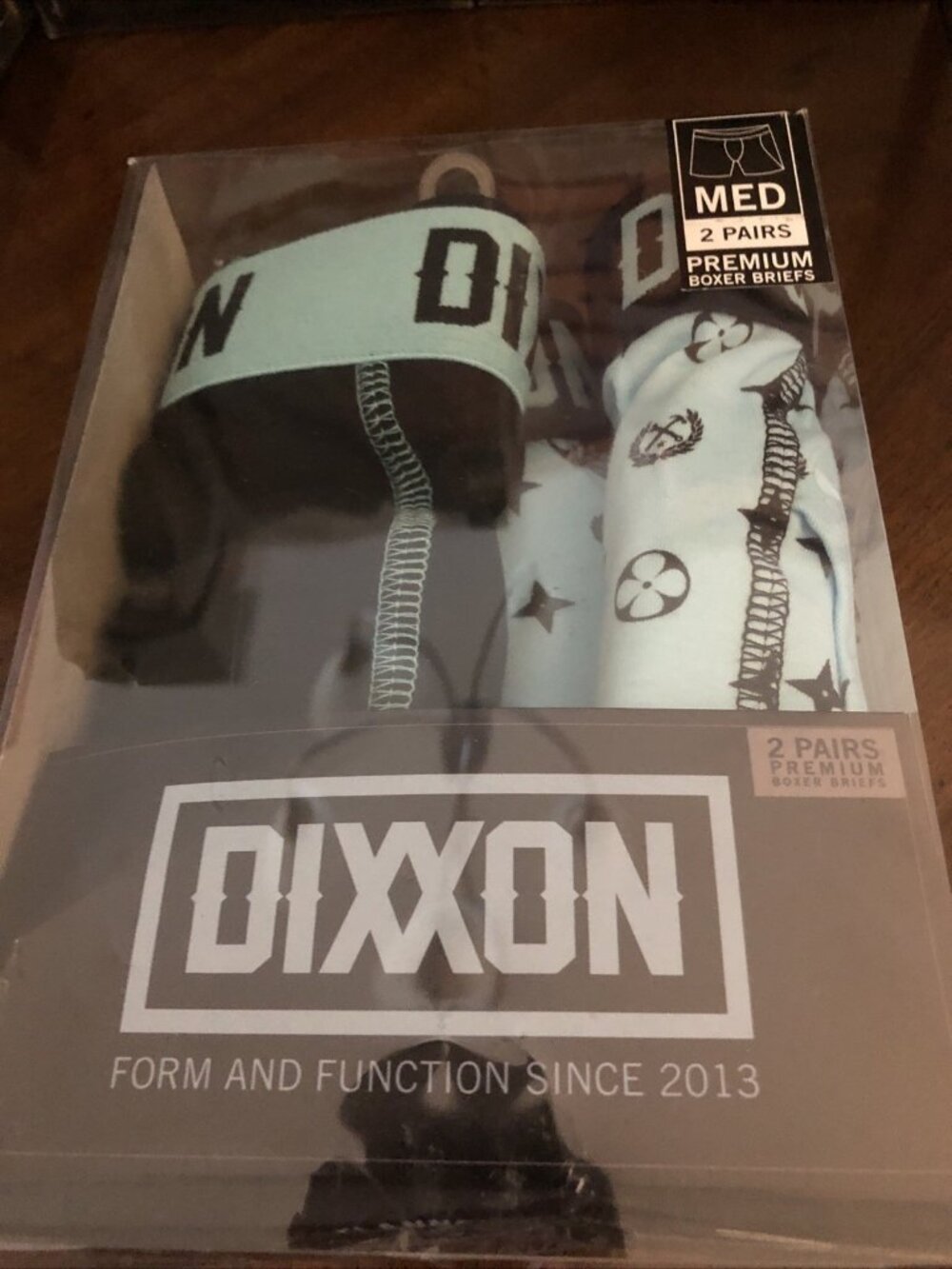 Dixxon Premium Boxer Briefs -Two Pair One Black and One Teal Logo Print Size Med